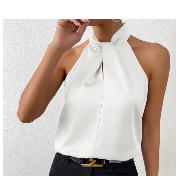 Luxe Satin Mock Neck Halter Sleeveless Top Blouse Shirt - Picture 1 of 12